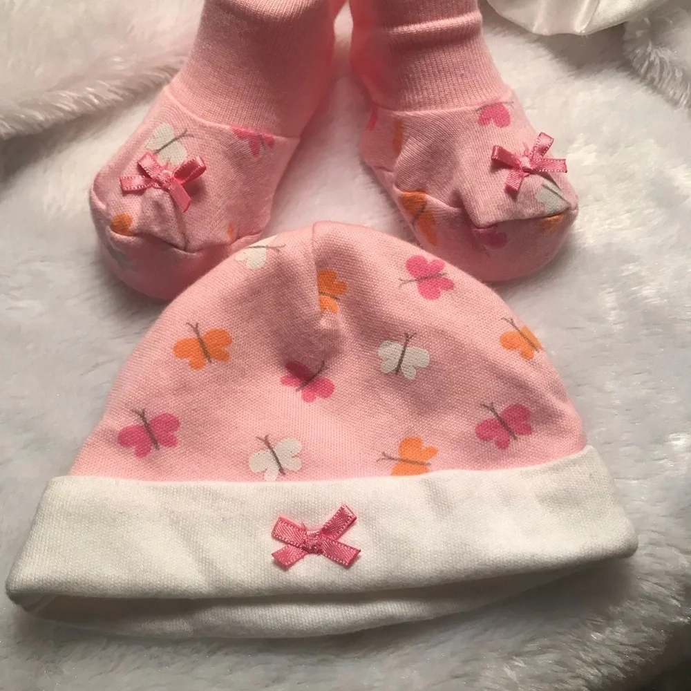 Preemie Baby Pink Butterfly Bow Booties Beanie Set